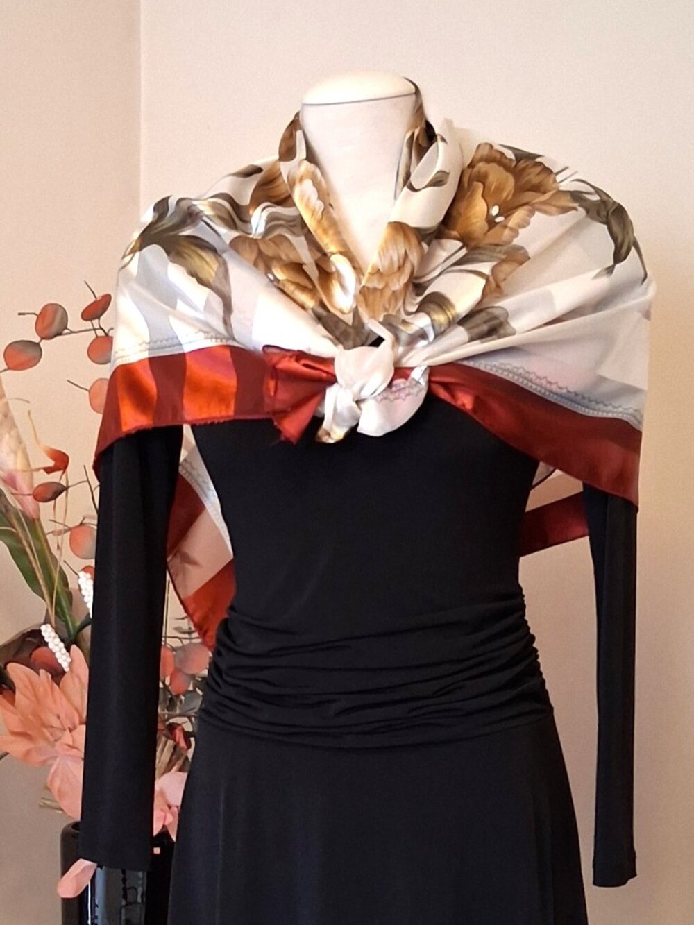 Vintage Silk Square Scarf Large Floral Neckwear Head Scarf Rare Luxury
